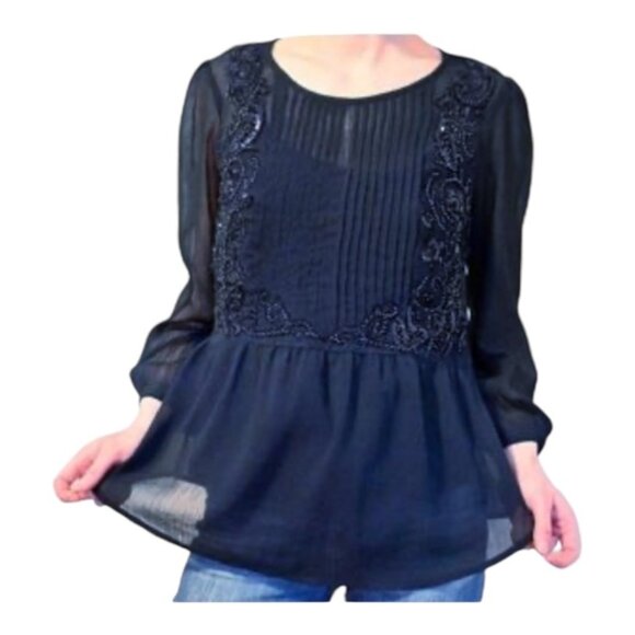 Maeve Anthropologie Size 4 Navy Beaded Long Sleeve Semi Sheer Silk Blouse - Picture 1 of 4